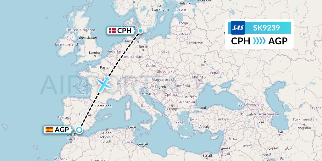 SK9239 SAS Flight Map: Copenhagen to Malaga