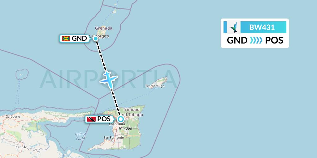 BW431 Caribbean Airlines Flight Map: Point Salines to Port of Spain