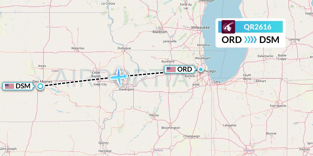 QR2616 Qatar Airways Flight Map: Chicago to Des Moines