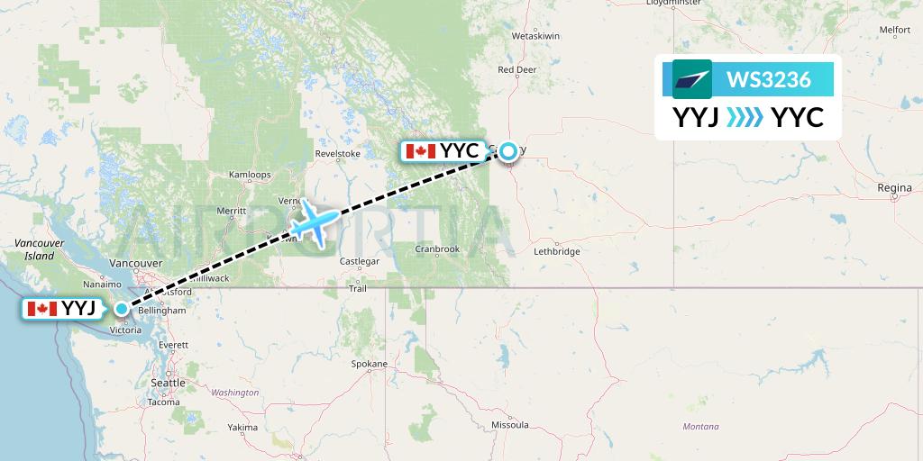 WS3236 WestJet Flight Map: Victoria to Calgary