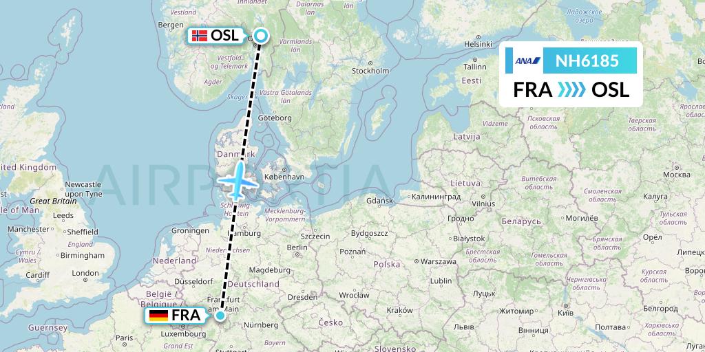 NH6185 All Nippon Airways Flight Map: Frankfurt to Oslo