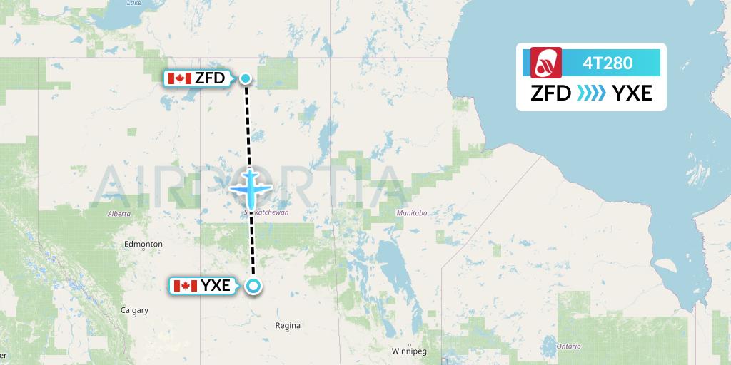4T280 Rise Air Flight Map: Fond Du Lac to Saskatoon