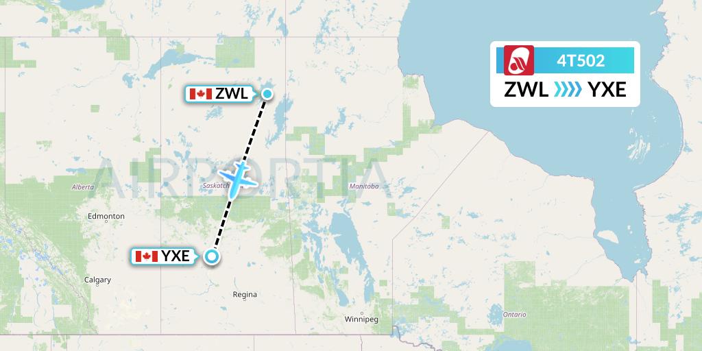 4T502 Rise Air Flight Map: Wollaston Lake to Saskatoon
