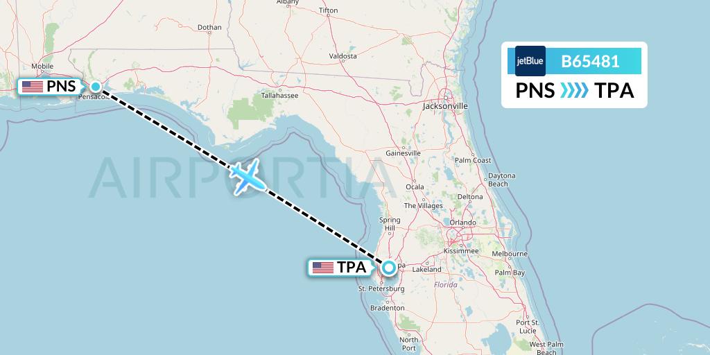 B65481 JetBlue Airways Flight Map: Pensacola to Tampa