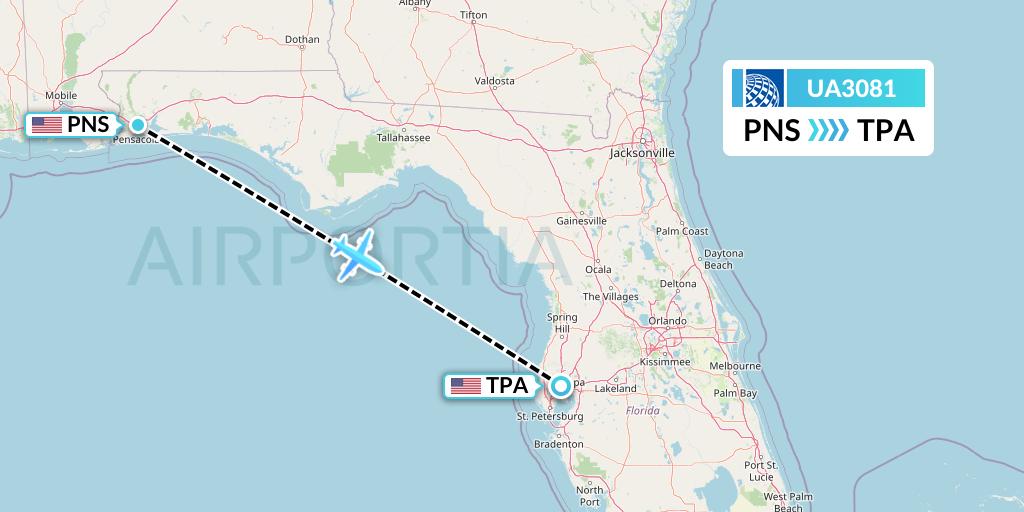 UA3081 United Airlines Flight Map: Pensacola to Tampa