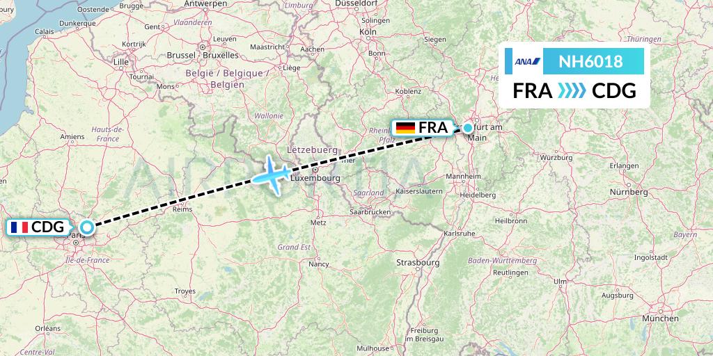 NH6018 All Nippon Airways Flight Map: Frankfurt to Paris