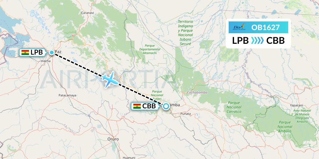 OB1627 Boliviana de Aviacion Flight Map: La Paz to Cochabamba