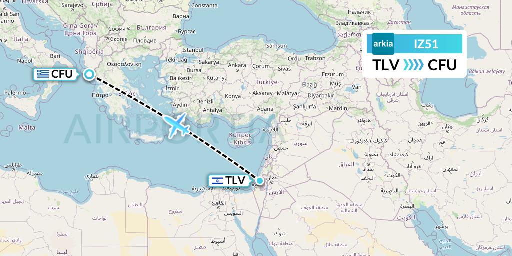 IZ51 Arkia Israeli Airlines Flight Map: Tel Aviv to Corfu