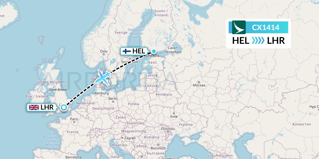 CX1414 Cathay Pacific Flight Map: Helsinki to London