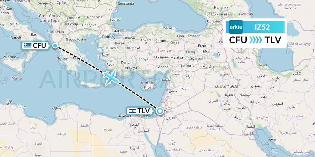 IZ52 Arkia Israeli Airlines Flight Map: Corfu to Tel Aviv