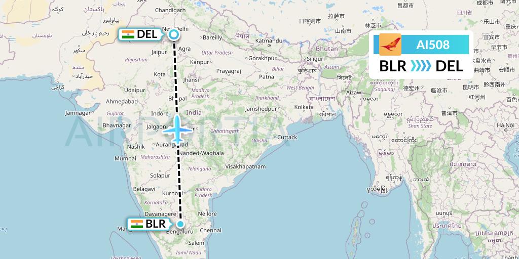 AI508 Air India Flight Map: Bangalore to Delhi