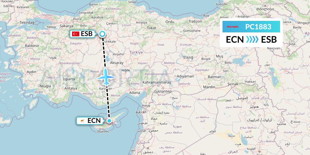 PC1883 Pegasus Airlines Flight Map: Tymvou to Ankara