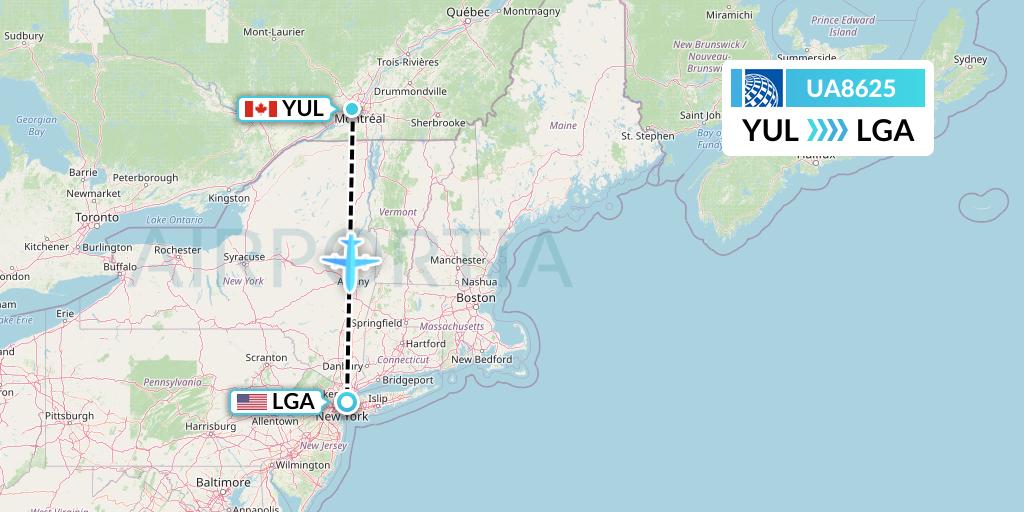 UA8625 United Airlines Flight Map: Montreal to New York