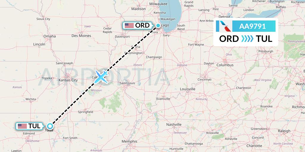 AA9791 American Airlines Flight Map: Chicago to Tulsa
