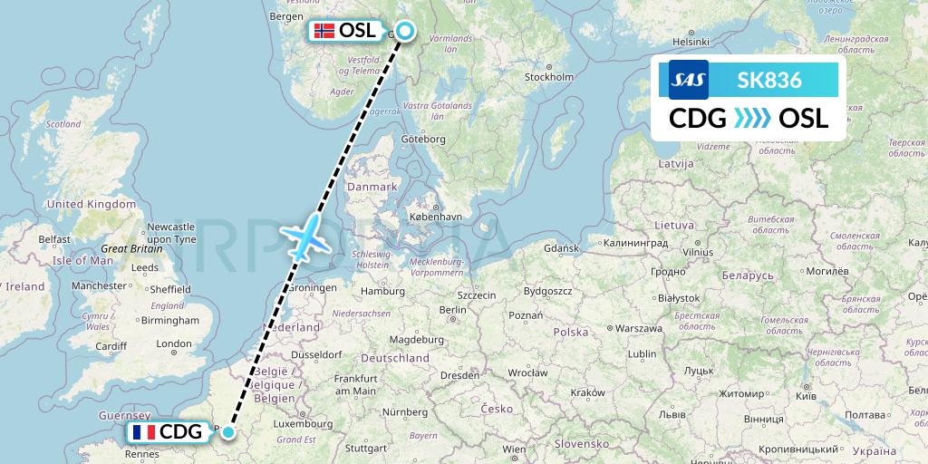 SK836 SAS Flight Map: Paris to Oslo