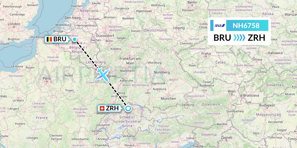 NH6758 All Nippon Airways Flight Map: Brussels to Zurich