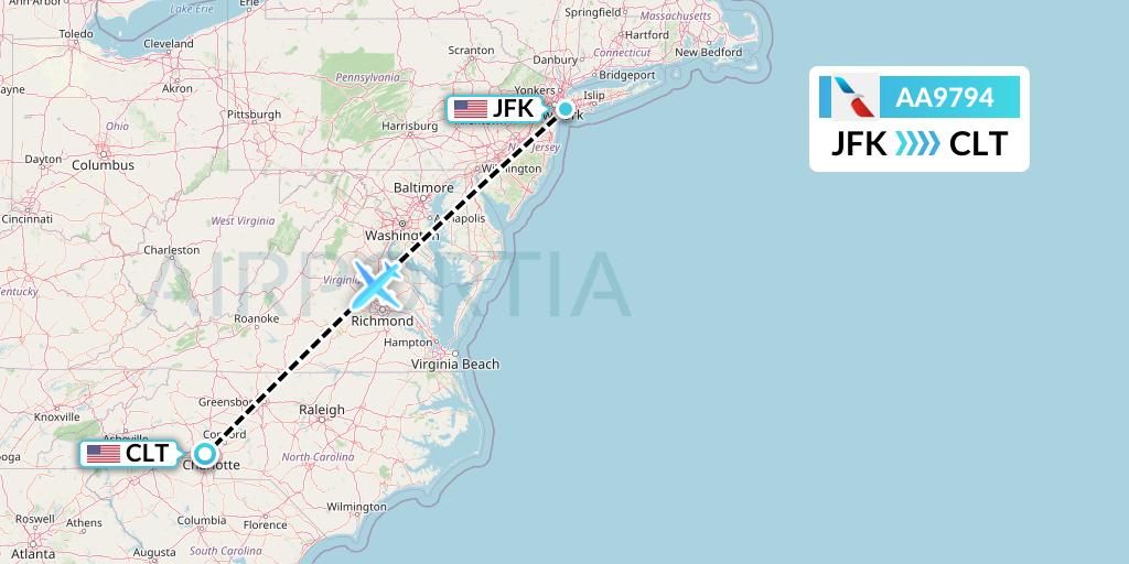 AA9794 American Airlines Flight Map: New York to Charlotte