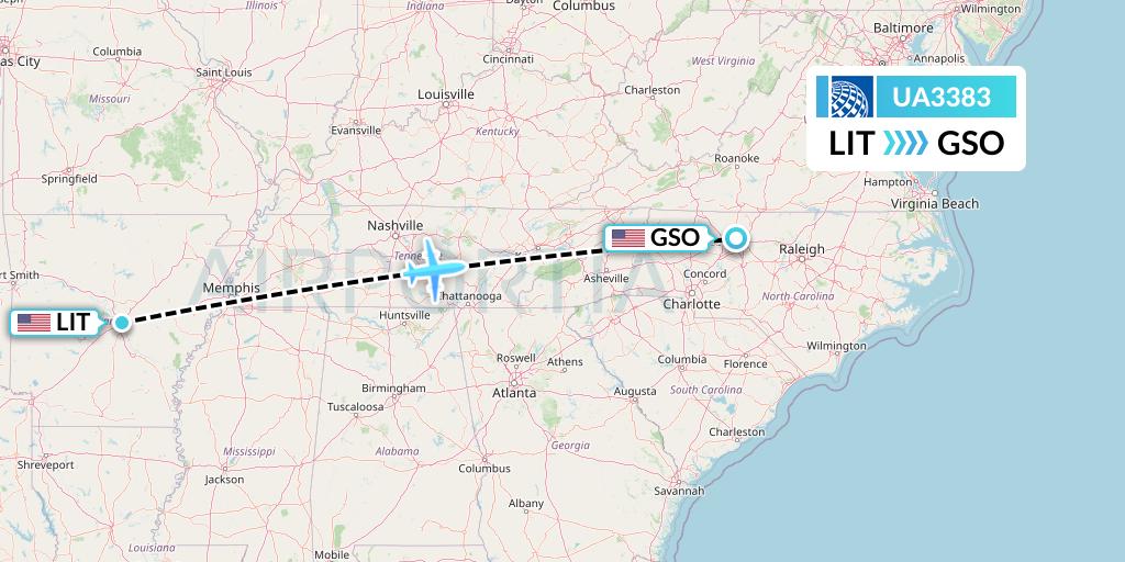 UA3383 United Airlines Flight Map: Little Rock to Greensboro