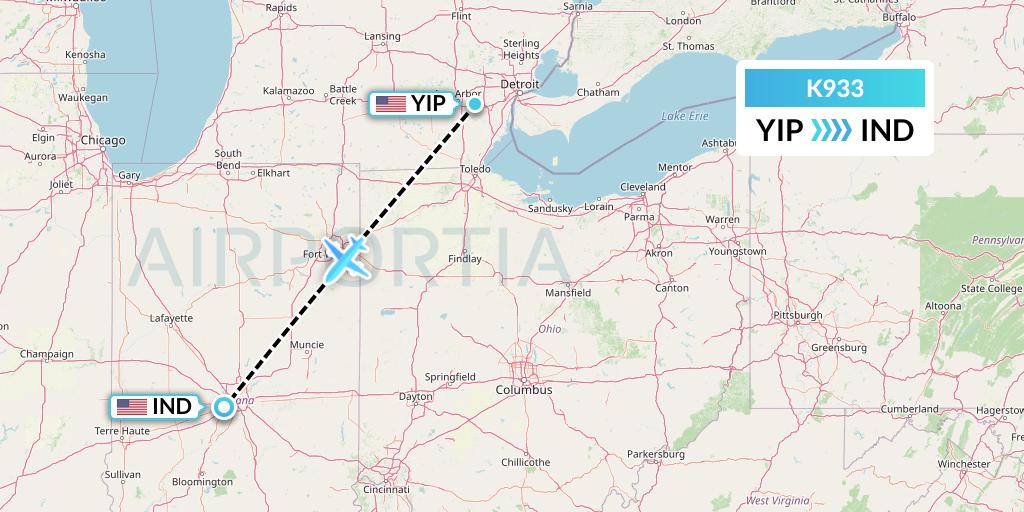 K933 Kalitta Charters Flight Map: Detroit to Indianapolis