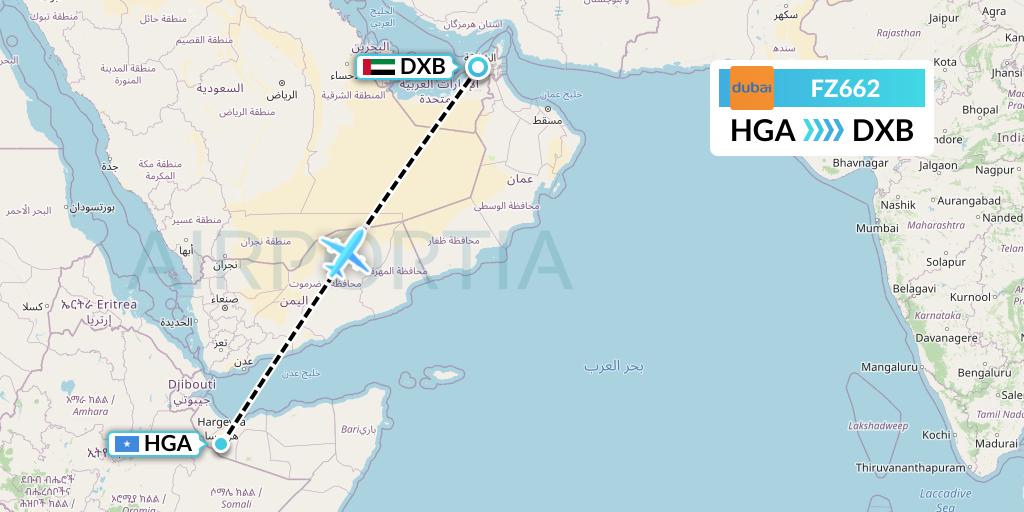 FZ662 FlyDubai Flight Map: Hargeisa to Dubai