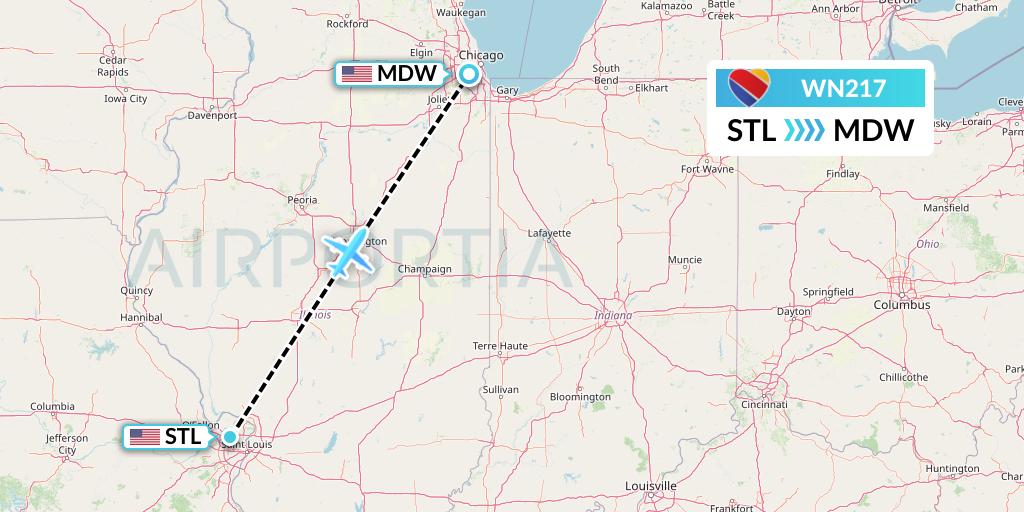 WN217 Southwest Airlines Flight Map: St. Louis to Chicago