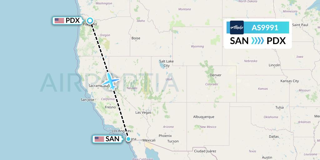 AS9991 Alaska Airlines Flight Map: San Diego to Portland