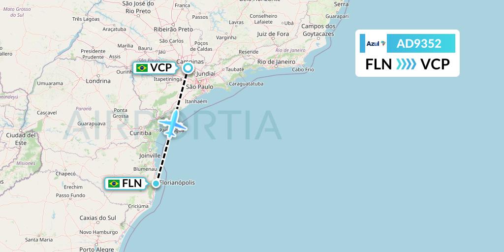 AD9352 Azul Brazilian Airlines Flight Map: Florianopolis to Campinas