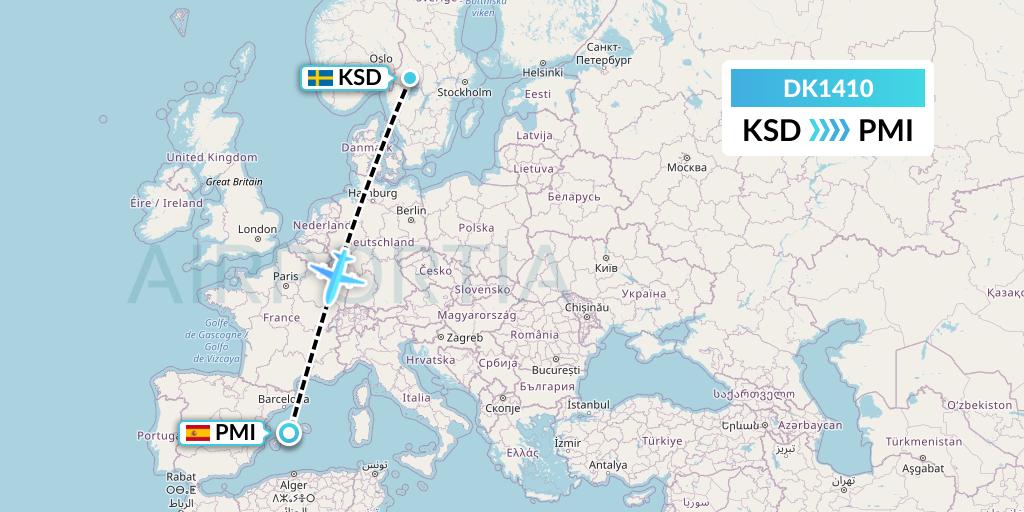 DK1410 Thomas Cook Airlines Scandinavia Flight Map: Karlstad to Palma de Mallorca
