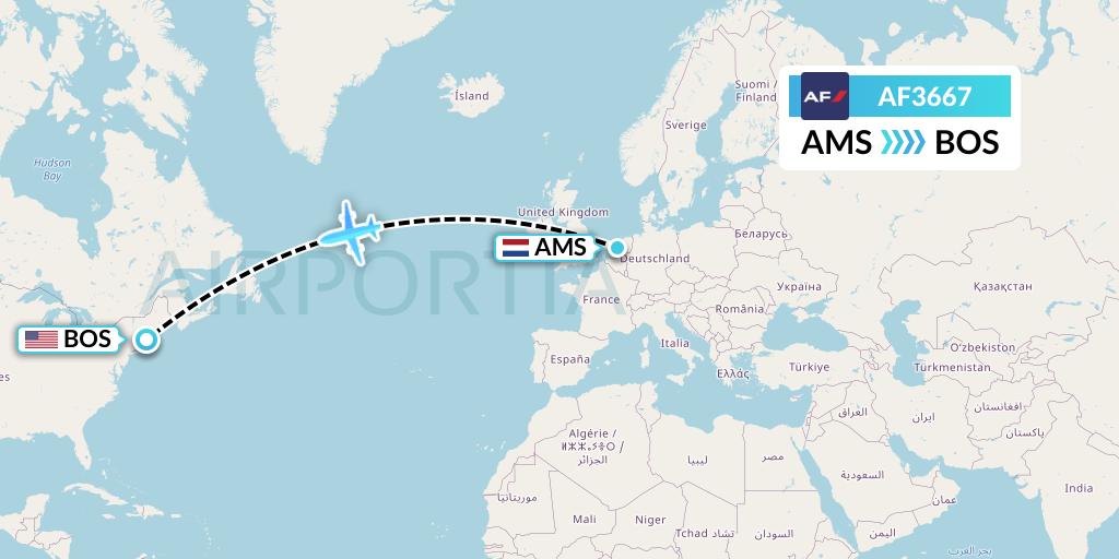 AF3667 Air France Flight Map: Amsterdam to Boston