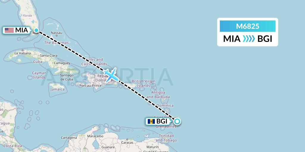 M6825 Amerijet International Flight Map: Miami to Bridgetown