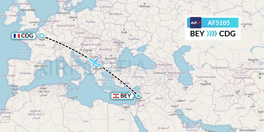 AF5105 Air France Flight Map: Beirut to Paris