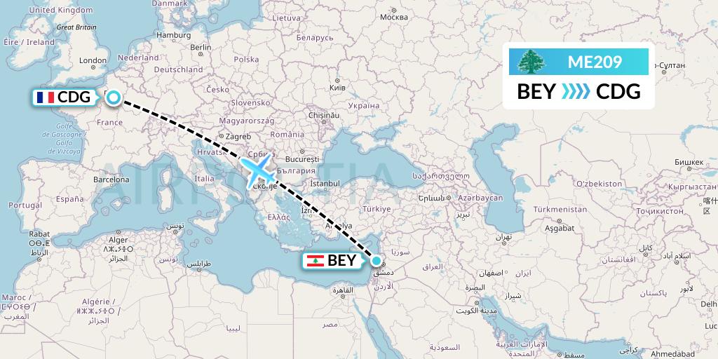 ME209 MEA Flight Map: Beirut to Paris