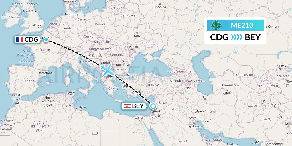ME210 MEA Flight Map: Paris to Beirut