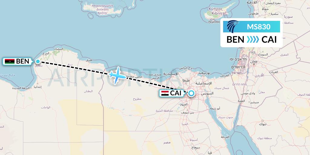 MS830 EgyptAir Flight Map: Benghazi to Cairo