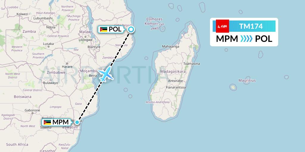 TM174 LAM Mozambique Airlines Flight Map: Maputo to Pemba
