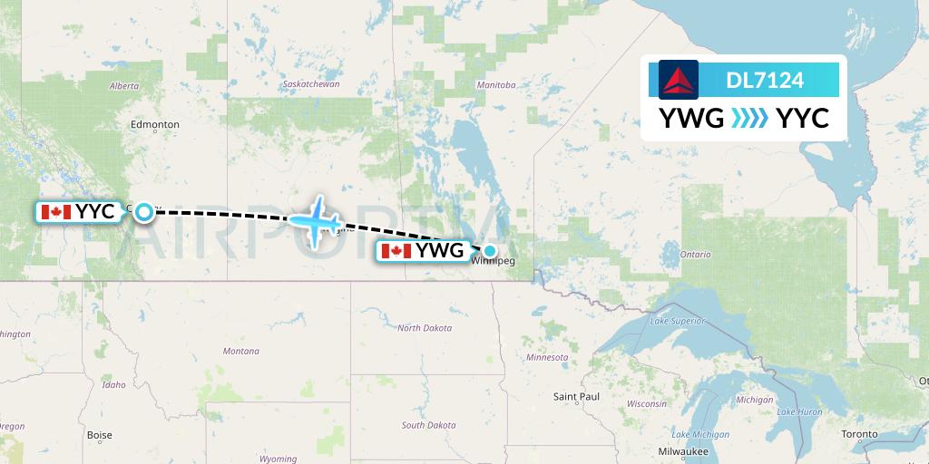 DL7124 Delta Air Lines Flight Map: Winnipeg to Calgary