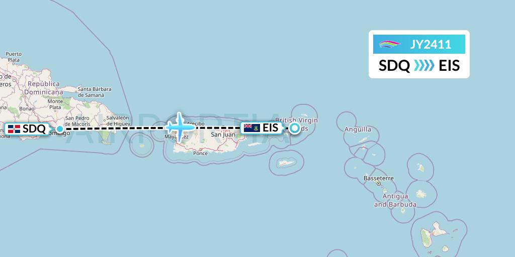 JY2411 InterCaribbean Airways Flight Map: Santo Domingo to Beef Island