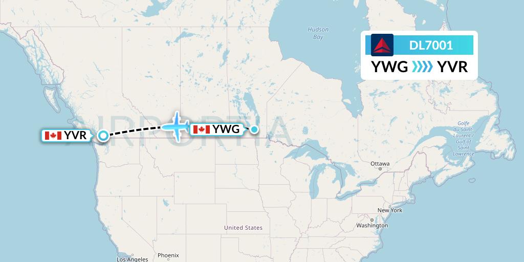 DL7001 Delta Air Lines Flight Map: Winnipeg to Vancouver