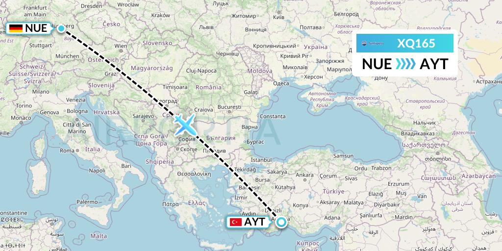 XQ165 SunExpress Flight Map: Nurnberg to Antalya