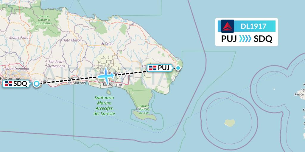 DL1917 Delta Air Lines Flight Map: Punta Cana to Santo Domingo