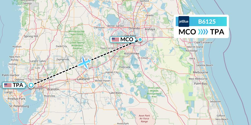 B6125 JetBlue Airways Flight Map: Orlando to Tampa