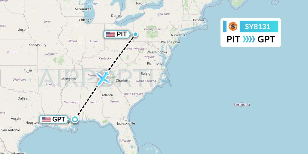 SY8131 Sun Country Airlines Flight Map: Pittsburgh to Gulfport