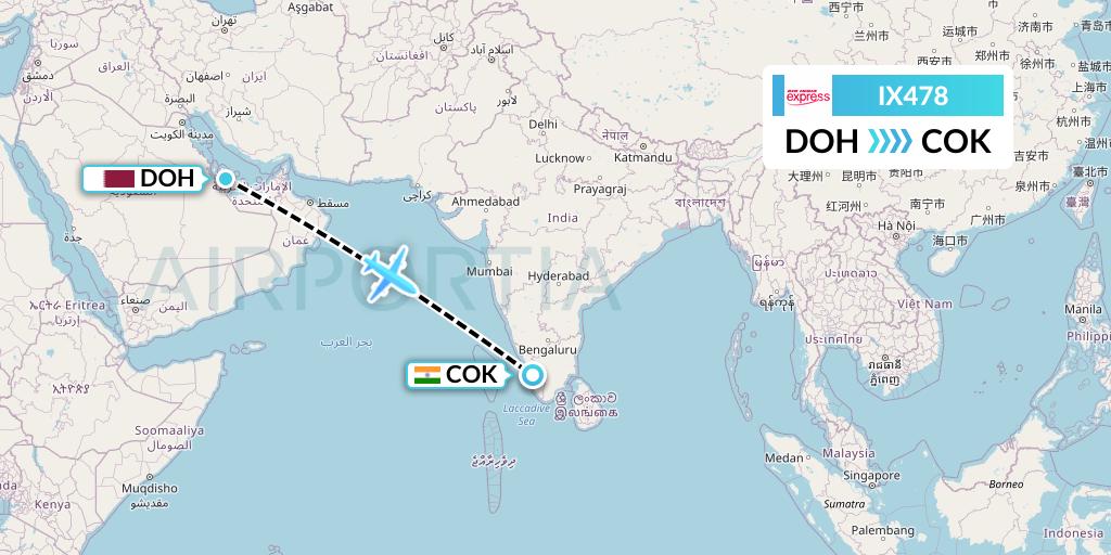 IX478 Air India Express Flight Map: Doha to Cochin