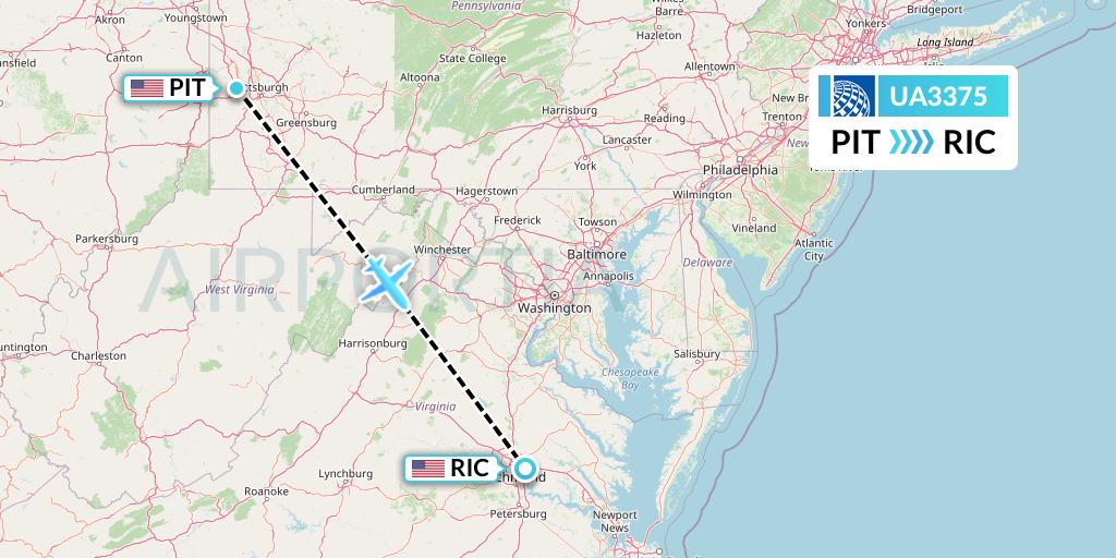 UA3375 United Airlines Flight Map: Pittsburgh to Richmond