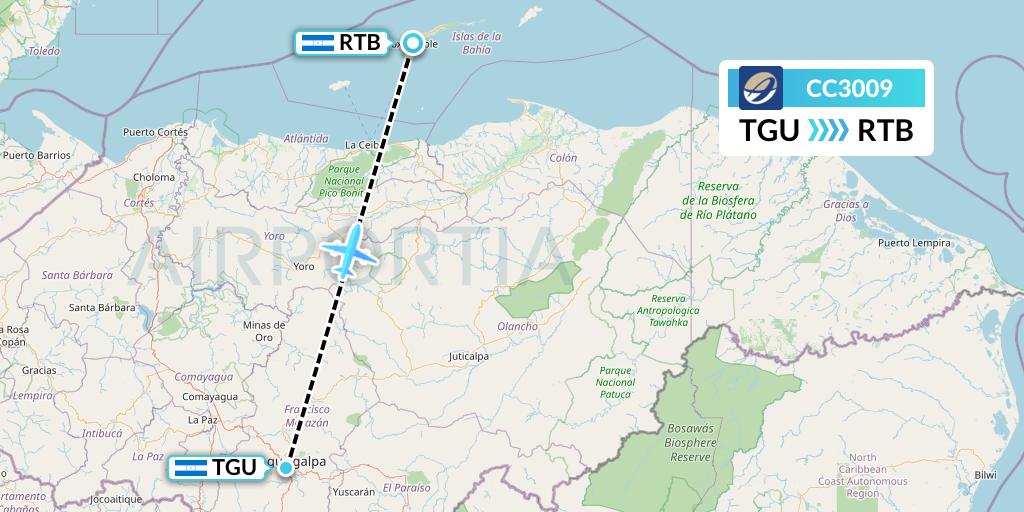 CC3009 CM Airlines Flight Map: Tegucigalpa to Roatan