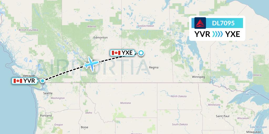 DL7095 Delta Air Lines Flight Map: Vancouver to Saskatoon