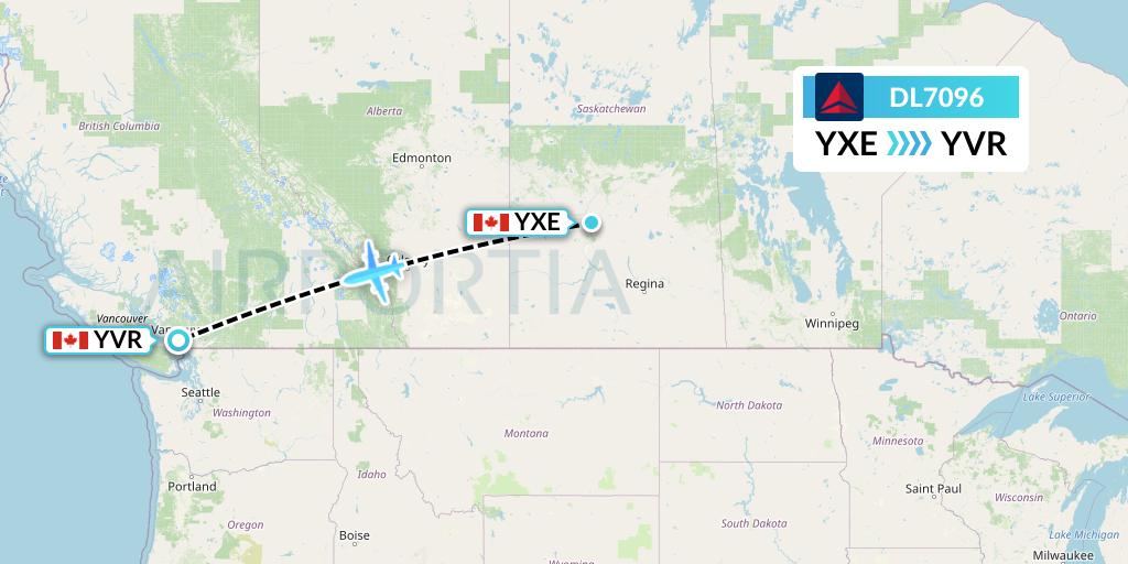 DL7096 Delta Air Lines Flight Map: Saskatoon to Vancouver