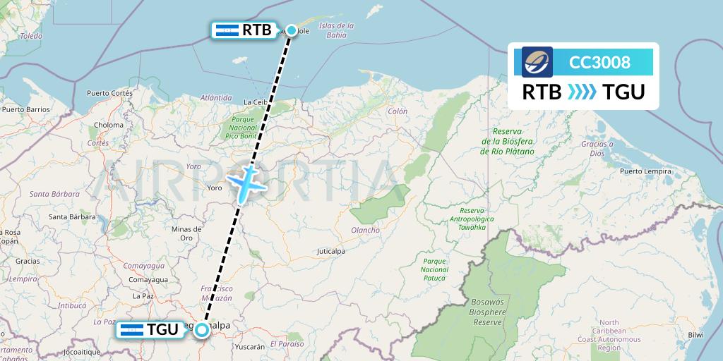 CC3008 CM Airlines Flight Map: Roatan to Tegucigalpa