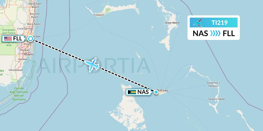 TI219 Tailwind Airlines Flight Map: Nassau to Fort Lauderdale