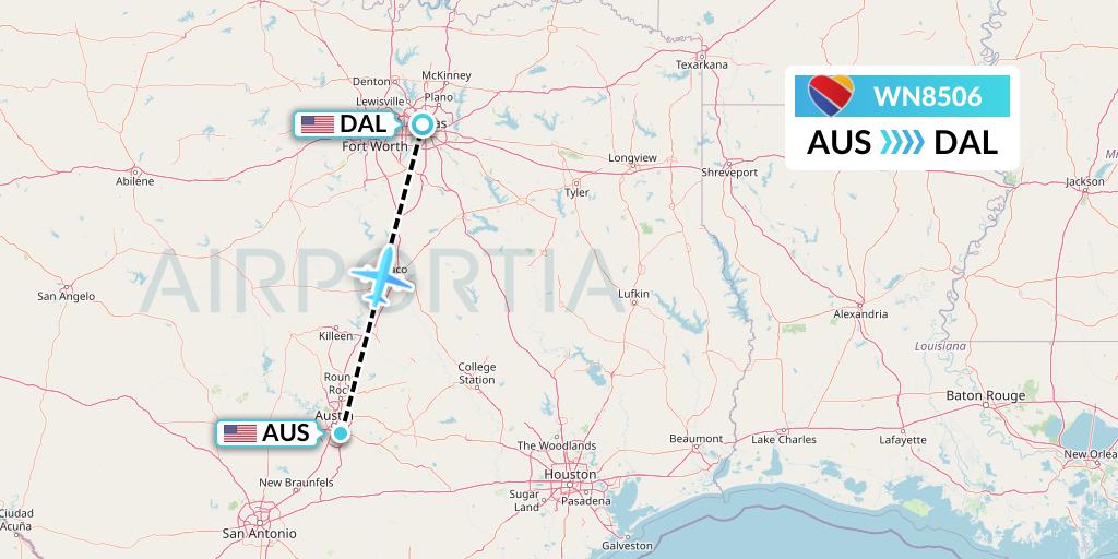 WN8506 Southwest Airlines Flight Map: Austin to Dallas